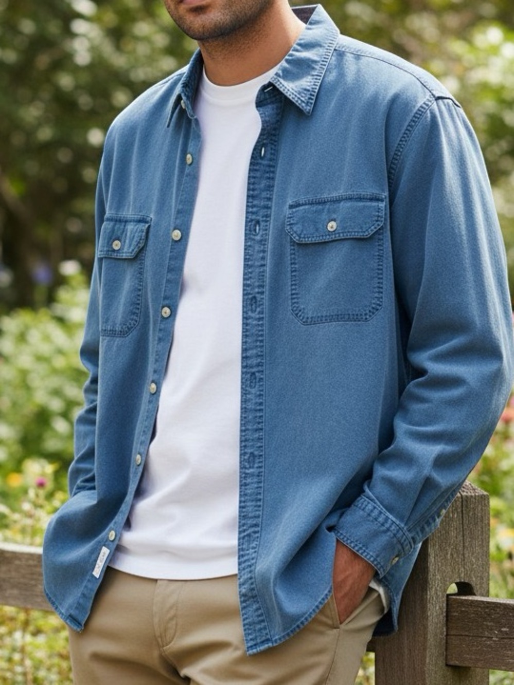 L.L. Bean Men's Faded Blue Denim Button-Down Shirt Gorpcore Cabincore
